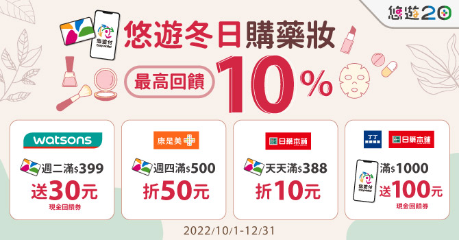 悠遊卡 》悠遊冬日購藥妝，享最高10%回饋【2022/12/31止】