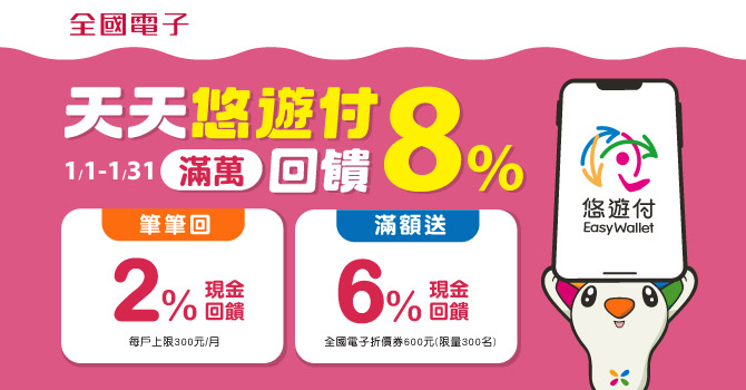 悠遊卡 》全國電子悠遊付，年終滿額最高回饋8%【2023/1/31止】