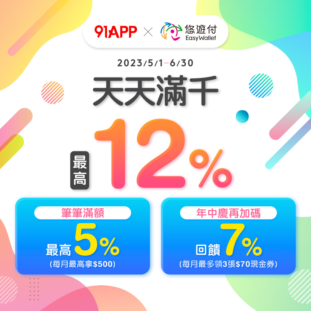 悠遊付電商滿千回饋5%再加碼 91APP再贈網購現金券