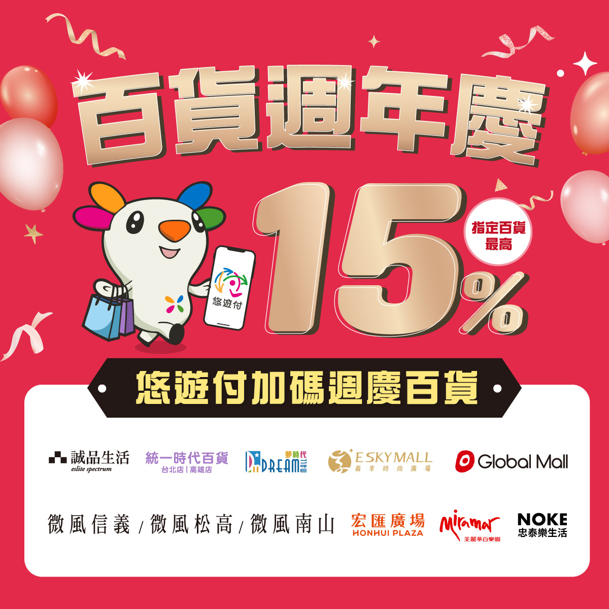 全台百貨週年慶盛大登場 悠遊付灑金送券 重磅回饋最高享15%