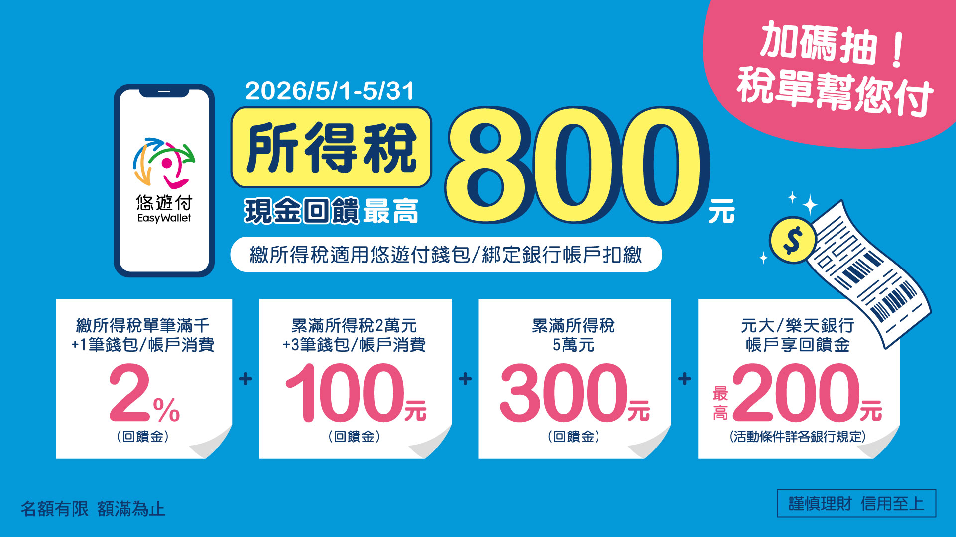 房屋稅、所得稅用悠遊付繳 最高送$800 再抽「稅單幫您付」大獎
