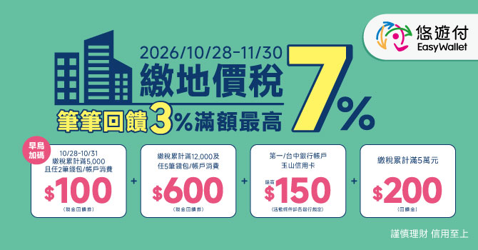 悠遊付繳地價稅筆筆3% 滿額最高回饋7% 
