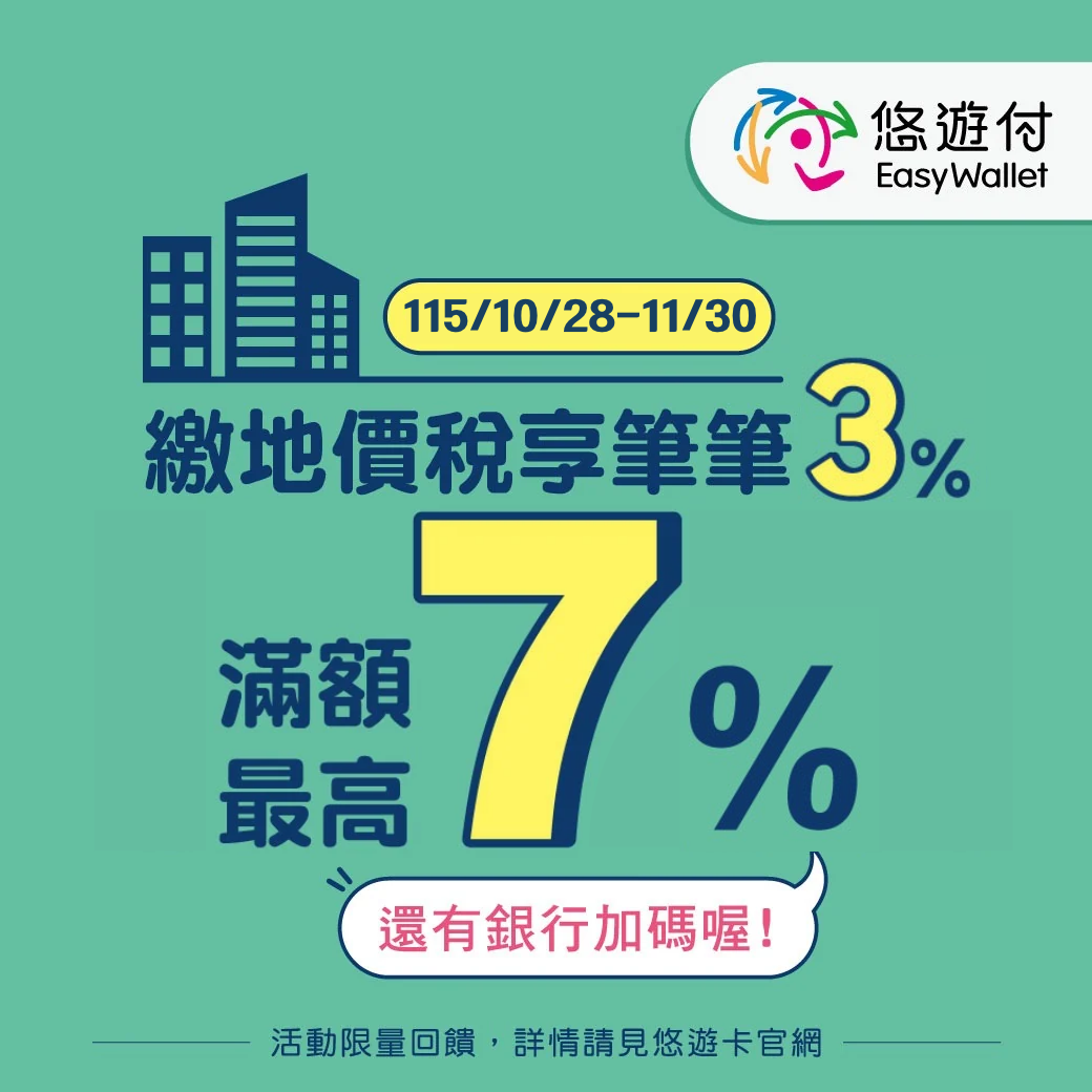悠遊付繳納地價稅每筆送3%回饋金 10/28早鳥開跑！多重回饋送不停 再享銀行加碼禮